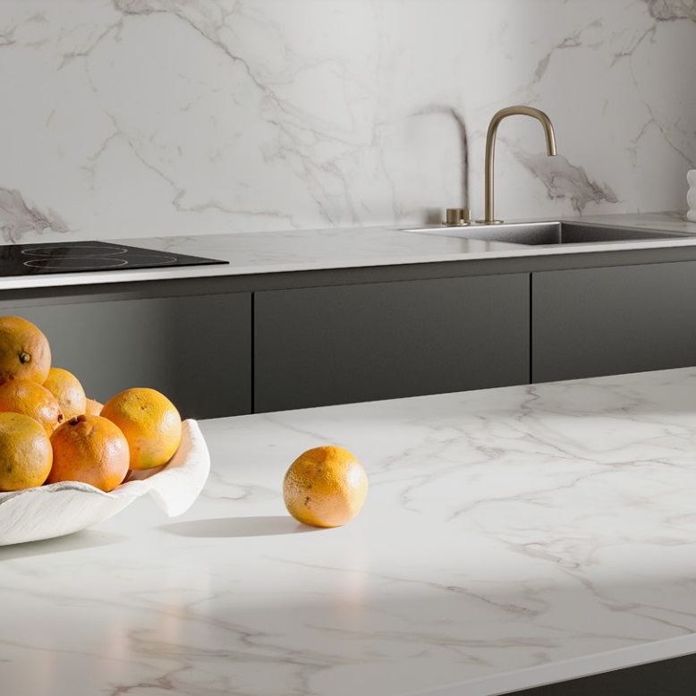 aria-calacatta-marble-splashback Duropal Himalaya White Laminate Worktop 40mm x 600mm x 3m - Image 1